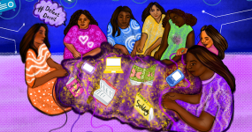 A group of diverse women knitting and embroidering a shared golden rug with a spool of thread on the side, and other loose threads. There are books and digital devices on the rug. Two of the books say 'Solidarity' and 'Collective Feminism'. The background has many icons on a blue sky signifying different communication tools, such as telephones, Instant Messaging, internet, television, cellphones, laptops, etc.