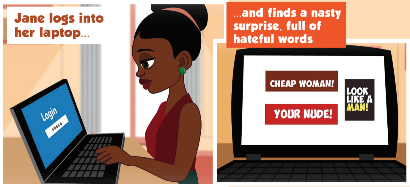 Illustration of black woman logging into her laptop. She "finds a nasty surprise, full of hateful words". On her screen, there are hateful remarks and online GBV.