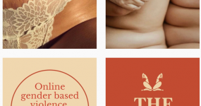 Hedone E-zine Instagram images - two women of color embracing, midriff of a Black woman with stretchmarks in a lace tanga 