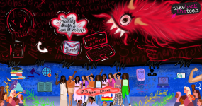 A group of diverse women in the center, surrounded by ways of disseminating information, displaying resistance and greenery. Above them is the threat of gendered disinformation, signified by a red monster and online gender-based violence popping up on a laptop and threats of violence. A banner in the midst of the group says "#DefeatDeceit".