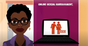 Illustration of a black woman with short hair. Beside her, a computer with pictograms illustrating sexual harassment. Text says "Online sexual harassment"