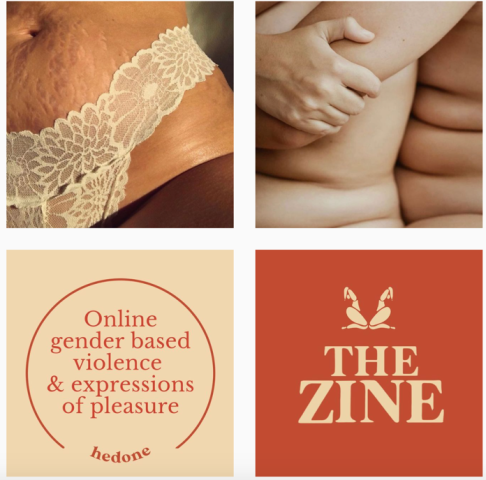 Hedone E-zine Instagram images - two women of color embracing, midriff of a Black woman with stretchmarks in a lace tanga 