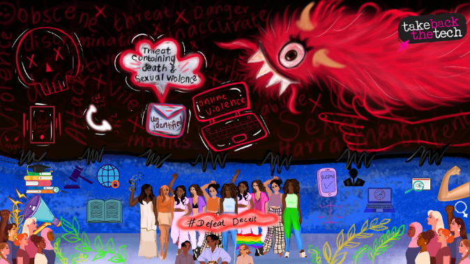 A group of diverse women in the center, surrounded by ways of disseminating information, displaying resistance and greenery. Above them is the threat of gendered disinformation, signified by a red monster and online gender-based violence popping up on a laptop and threats of violence. A banner in the midst of the group says "#DefeatDeceit".