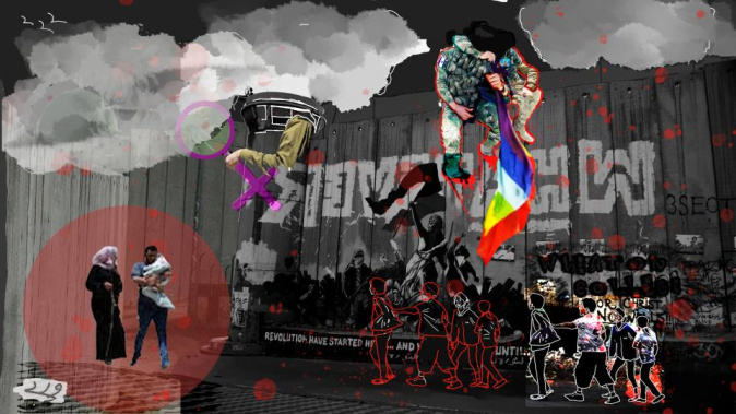 A dark background with smoke from bombings on the top. In the left hand corner below, a woman with a headscarf and a man holding a bundled baby are spotlighted, in the right hand corner outlines of youth and children walking with the energy of resistance in their step. A wall in the background delineates boundary and being closed in. A soldier, a person under attack, a flag, are another part of this collage of images entitled "pinkwash", which also has a pink women's symbol to the left and above.