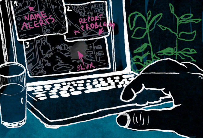 Illustration of a computer screen with a hand typing, exploring options to defend against stalking. Options on the screen include name alert, block and report a problem. A glass of water is on the left side of the computer and a plant is on the right. Illustration by Laura Ibáñez López.