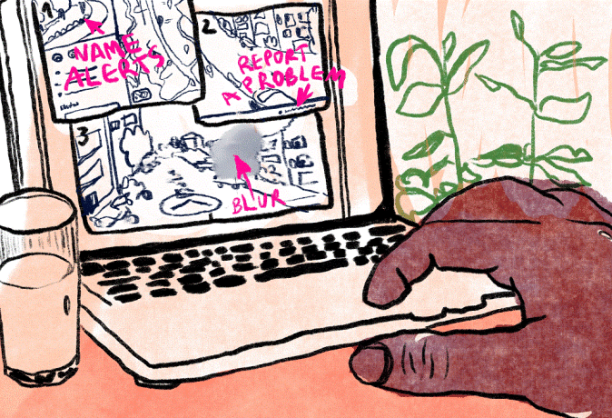 Illustration of a computer screen with a hand typing, exploring options to defend against stalking. Options on the screen include name alert, block and report a problem. A glass of water is on the left side of the computer and a plant is on the right. Illustration by Laura Ibáñez López.