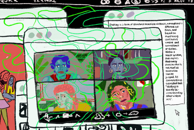 A drawing with four women in squares on a computer screen. Each woman looks different, their hair or faces have tones of purple, blue, pink. Green lines like smoke float from their mouths, forming clouds above, on top of the computer screen and beyond. Behind the screen there is a definition of stalking that their experiencias and ideas are shaping. Artist: Laura Mercedes Ibáñez López