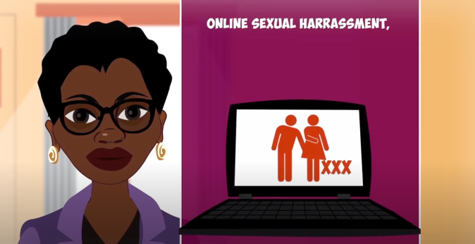 Illustration of a black woman with short hair. Beside her, a computer with pictograms illustrating sexual harassment. Text says "Online sexual harassment"