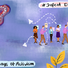 On a shaded blue background, there is a big mobile screen on the left which shows social media icons and chains breaking around it. The bottom right corner has a spiderweb and words are going through the screen in a squiggly wave, such as "harmful stereotypes" :disinformation" and "triggering content". The image has "16 Days of Activism" at the bottom & #DefeatDeceit at the top. On the right, we see a row of people using their digital devices to send & receive information. Yellow leaves on the bottom right.