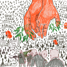 A pair of large hands holding olive branches coming down in a crowded hall with Big Tech and Arms Industries personnel in the front and the common masses all around, resisting with Palestinian flags, and sharp words to stop killing and maiming.