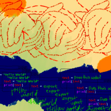 Three pairs of hands clasping each other, seemingly stitched on a cloth. Below is text being put into code: "Hello world" and "Does this code?" with chaotic running text behind this.