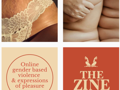 Hedone E-zine Instagram images - two women of color embracing, midriff of a Black woman with stretchmarks in a lace tanga 