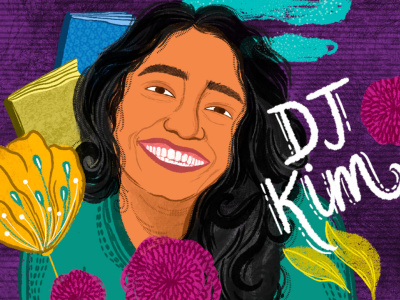 Image is an illustration of a brown-skinned person smiling at the camera. They are wearing a long-sleeved green sweater, and have wavy hair that falls past their shoulders. The image is against a textured dark purple background. There are lighter turquoise clouds right above their head. They are surrounded by the things they love. Above them are blue and yellow books. In front of them is a large yellow flower, and smaller round pink ones. Next to the flowers is a blue pencil, and yellow leaves.