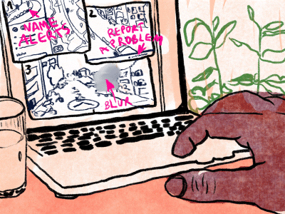 Illustration of a computer screen with a hand typing, exploring options to defend against stalking. Options on the screen include name alert, block and report a problem. A glass of water is on the left side of the computer and a plant is on the right. Illustration by Laura Ibáñez López.