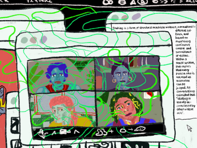  A drawing with four women in squares on a computer screen. Each woman looks different, their hair or faces have tones of purple, blue, pink. Green lines like smoke float from their mouths, forming clouds above, on top of the computer screen and beyond. Behind the screen there is a definition of stalking that their experiencias and ideas are shaping. Artist: Laura Mercedes Ibáñez López